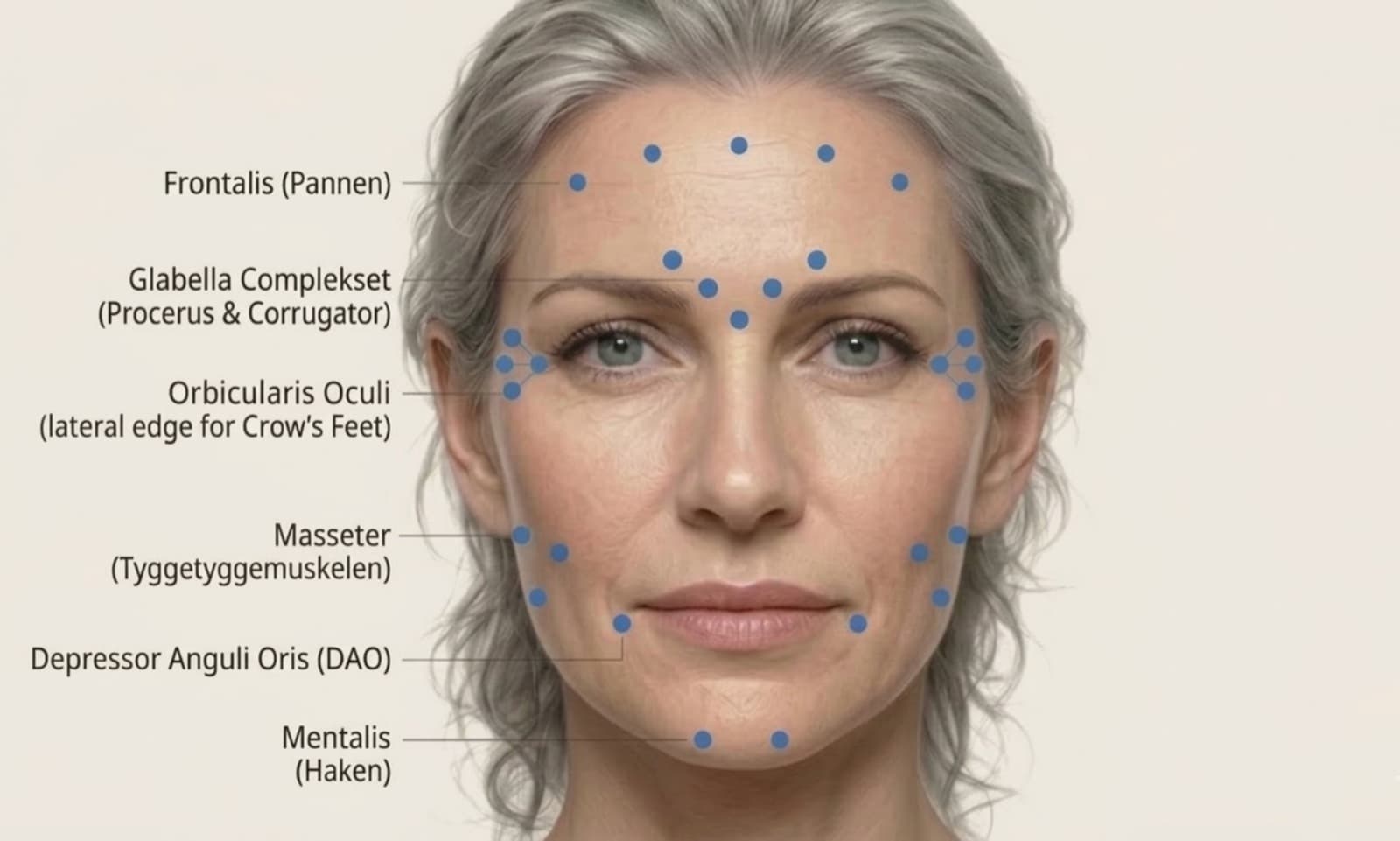 Injeksjonspunkter i ansiktet — frontalis, glabella, crow's feet, masseter, DAO og mentalis