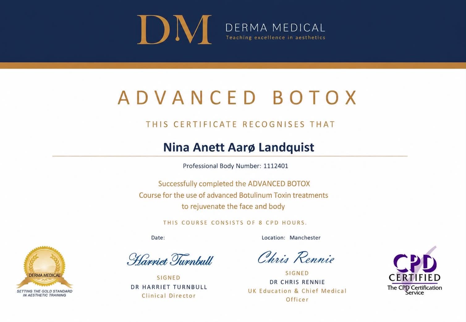 Sertifikat fra Derma Medical, Manchester: Nina Anett Aarø Landquist har fullført Advanced Botulinum Toxin Training