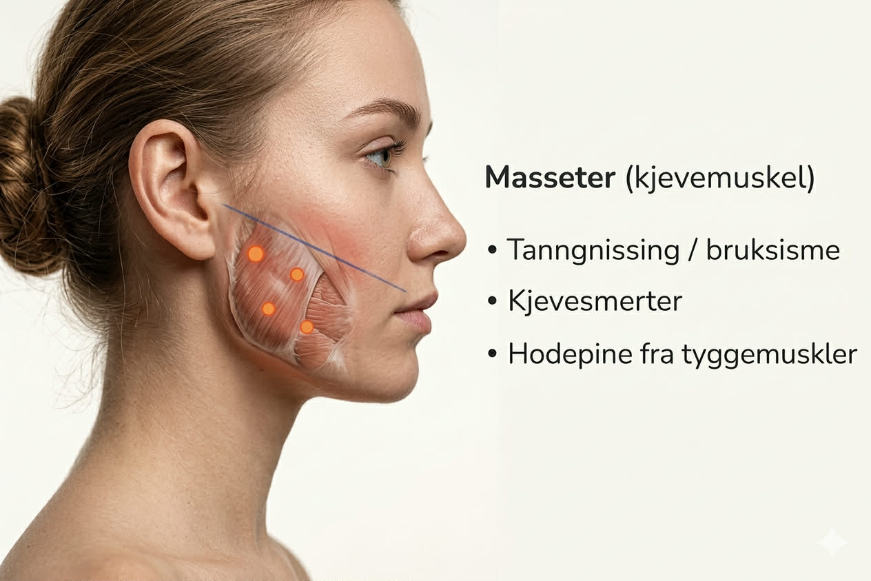 Masseter kjevemuskel — injeksjonspunkter for behandling av tanngnissing, kjevesmerter og hodepine